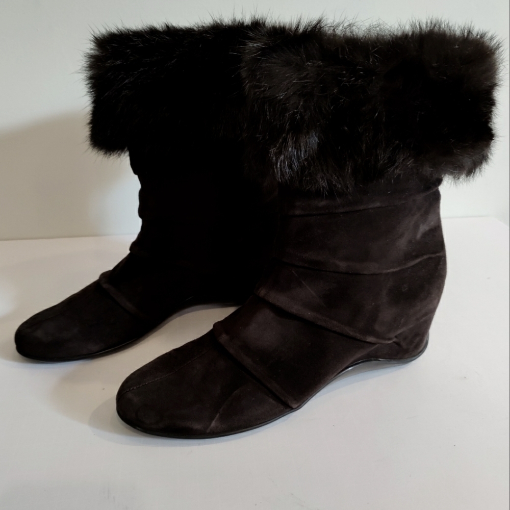 Aquatalia suede wedge leather boot with fur in Dark brown